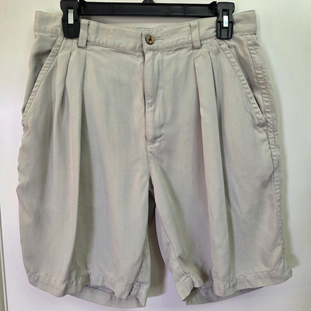 Tommy Bahama Relax Mens 32 Silk Shorts Pleated Herringbone Khaki Stone Tan